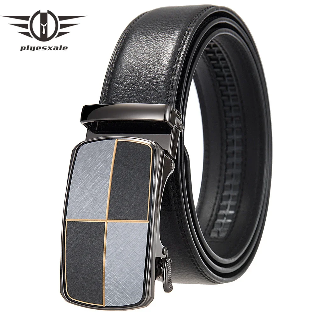 

Plyesxale 2025 г., модный черный мужской кожаный ремень из натуральной воловьей кожи, антикоррозийный сплав, автоматическая пряжка, повседневный ремень, непористый B1247