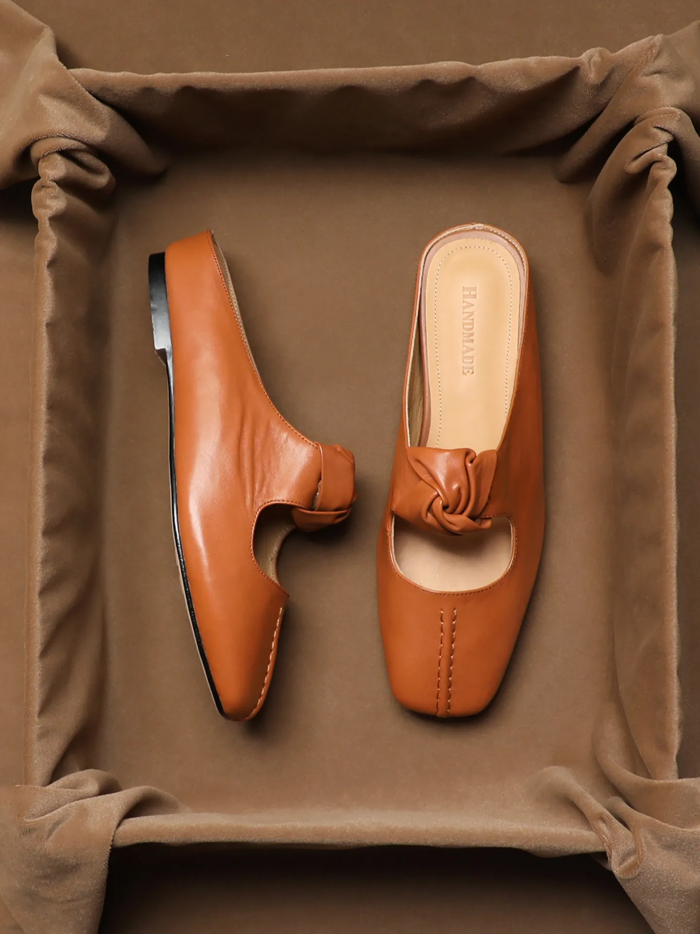 SHOEBOX New French retro leather square toe women's hollowed out flat bottom with raised toe and half slippers