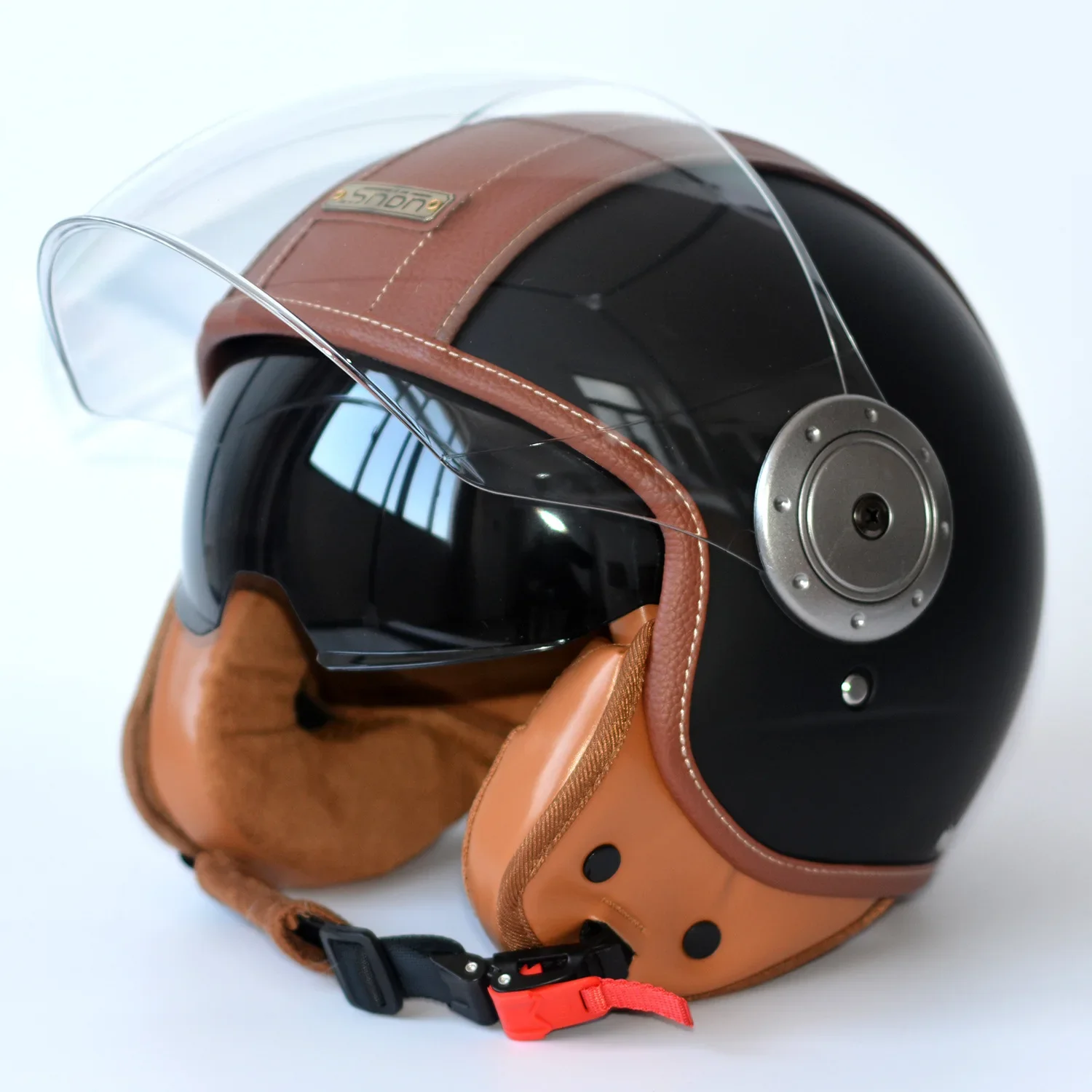 High-Quality PU Leather Motorcycle Helmet Double Lens Clear Half Cover Protective Cap for Men And Women Couples