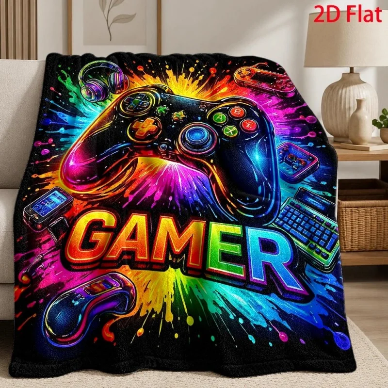 Neon Gamer Figure Print Throw Blanket,Colorful Game Controller Pattern Soft Flannel Blanket for Couch Home