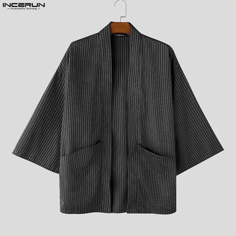 INCERUN Men's Striped Cardigan Trench Open Stitch Long Sleeve Casual Loose Male Coats Streetwear 2026 Long Style Outerwear S-3XL