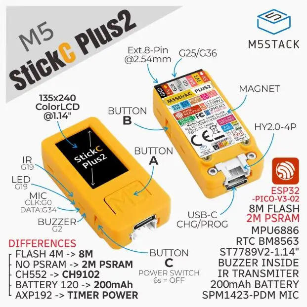 Official M5 Stack StickC PLUS2 ESP32 IoT Development Board Graphical Programming Kit IoT