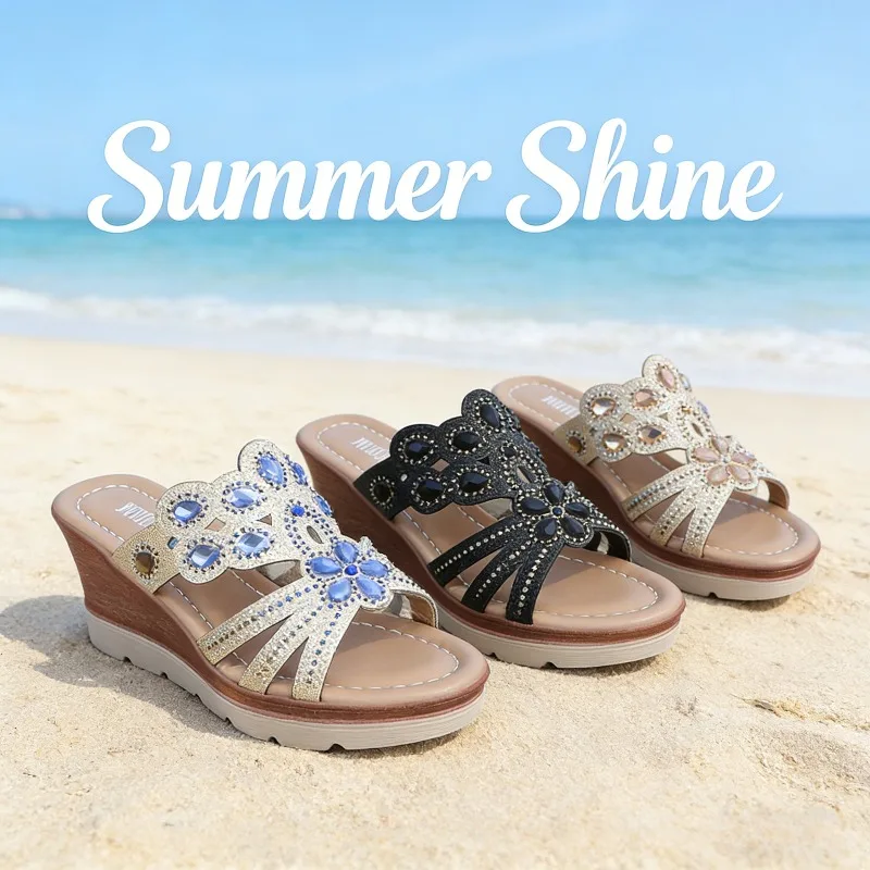 

Женские туфли на танкетке с круглым носком, повседневные открытые сандалии с камнями для весны и лета, удобные шлепанцы для вечеринок, большие размеры 35-43