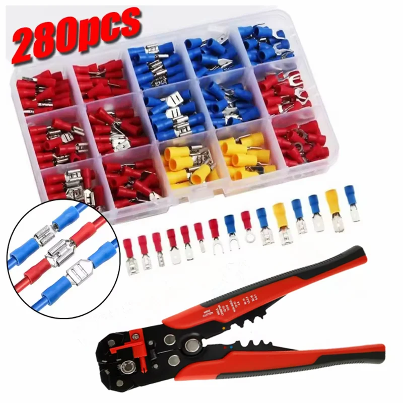 Professional Electrician Wire Tool Kit Cable Wire Stripper Crimper Automatic Stripping Plier with 140/280Pcs Spade  Terminal