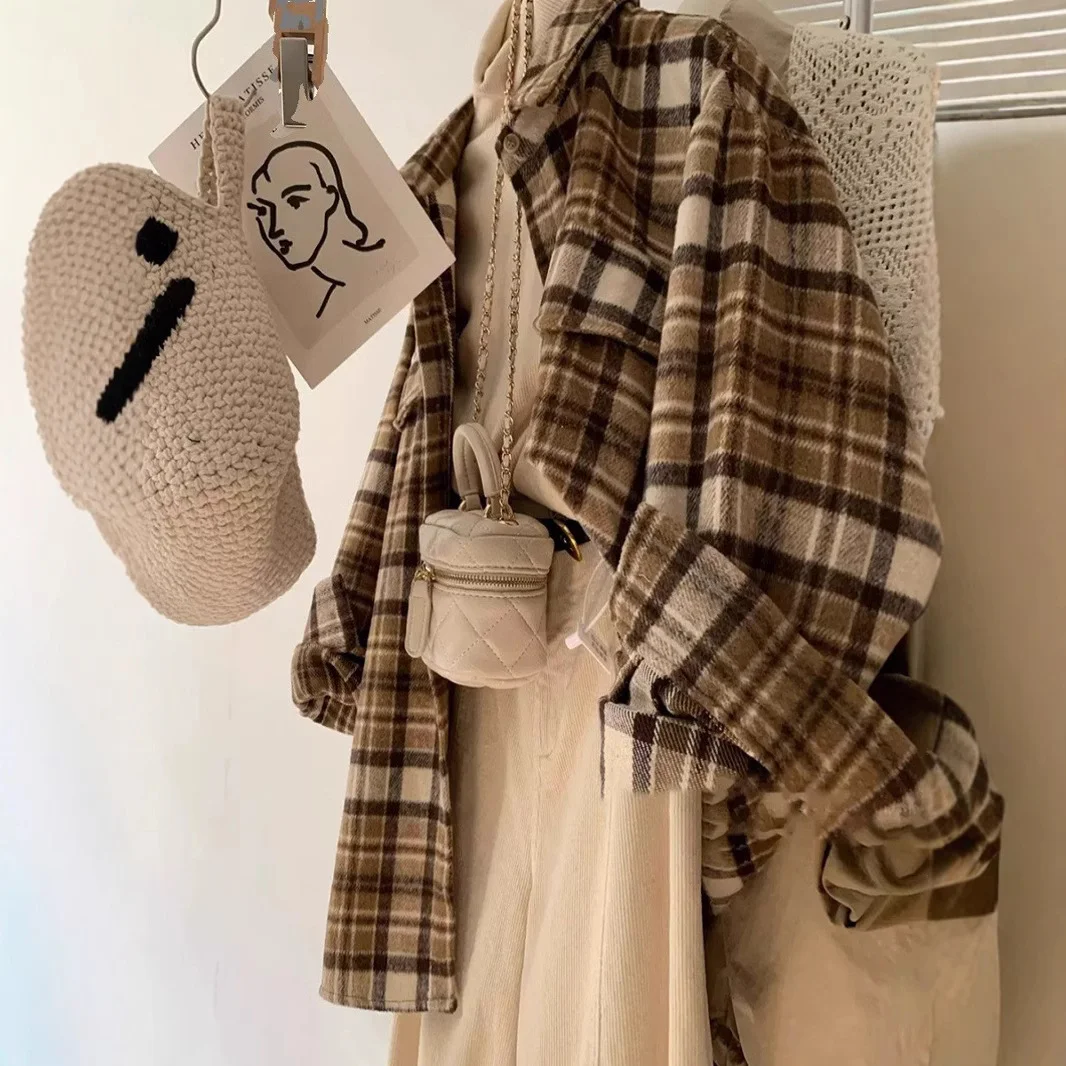 الأمريكية الرجعية المتناقضة اللون منقوشة قميص المرأة ترتيب الأسرة طوق سترة بأكمام طويلة ربيع الخريف فضفاض نحى الأعلى #2