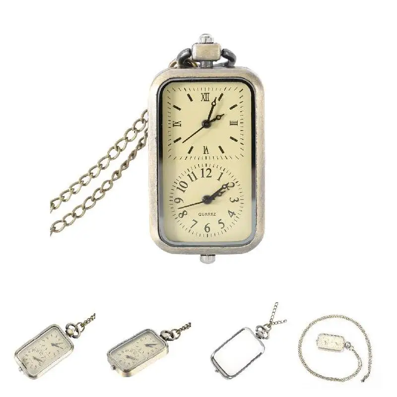 Vintage Quartz Steampunk Pocket Watch Dual Double Time Zone Movement Necklace Chain Clock LL@17