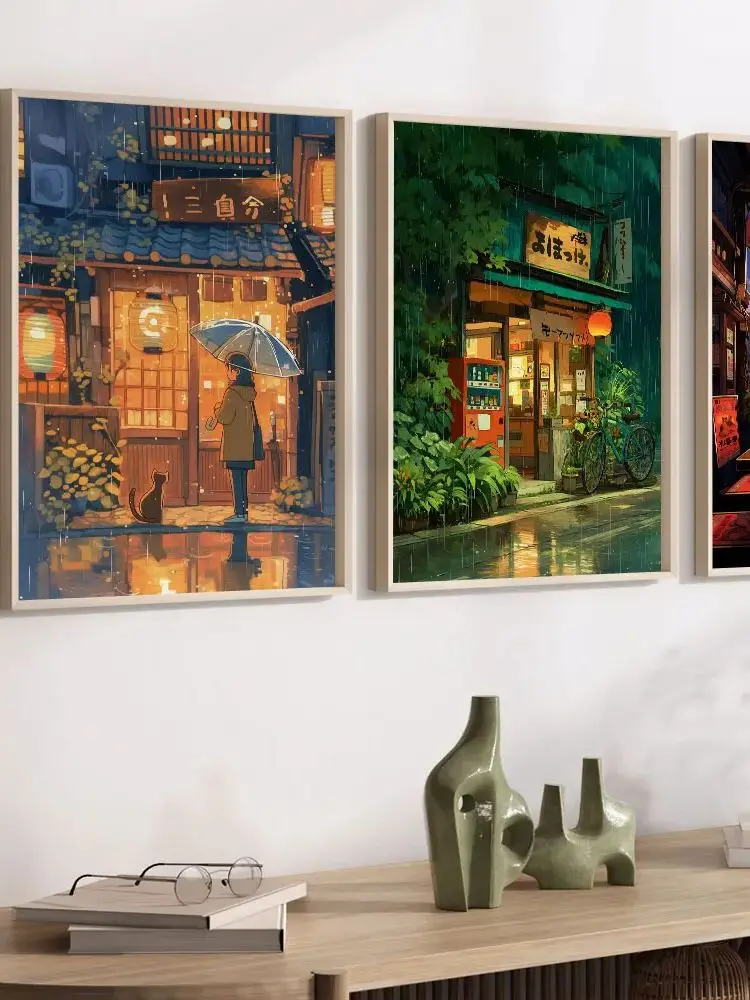 AliExpress Anime Cafe Shop and Bicycle Canvas Poster Ghibli Work Anime Style Street Cafe Scene Wall Art Printing for Living Room Home Decor