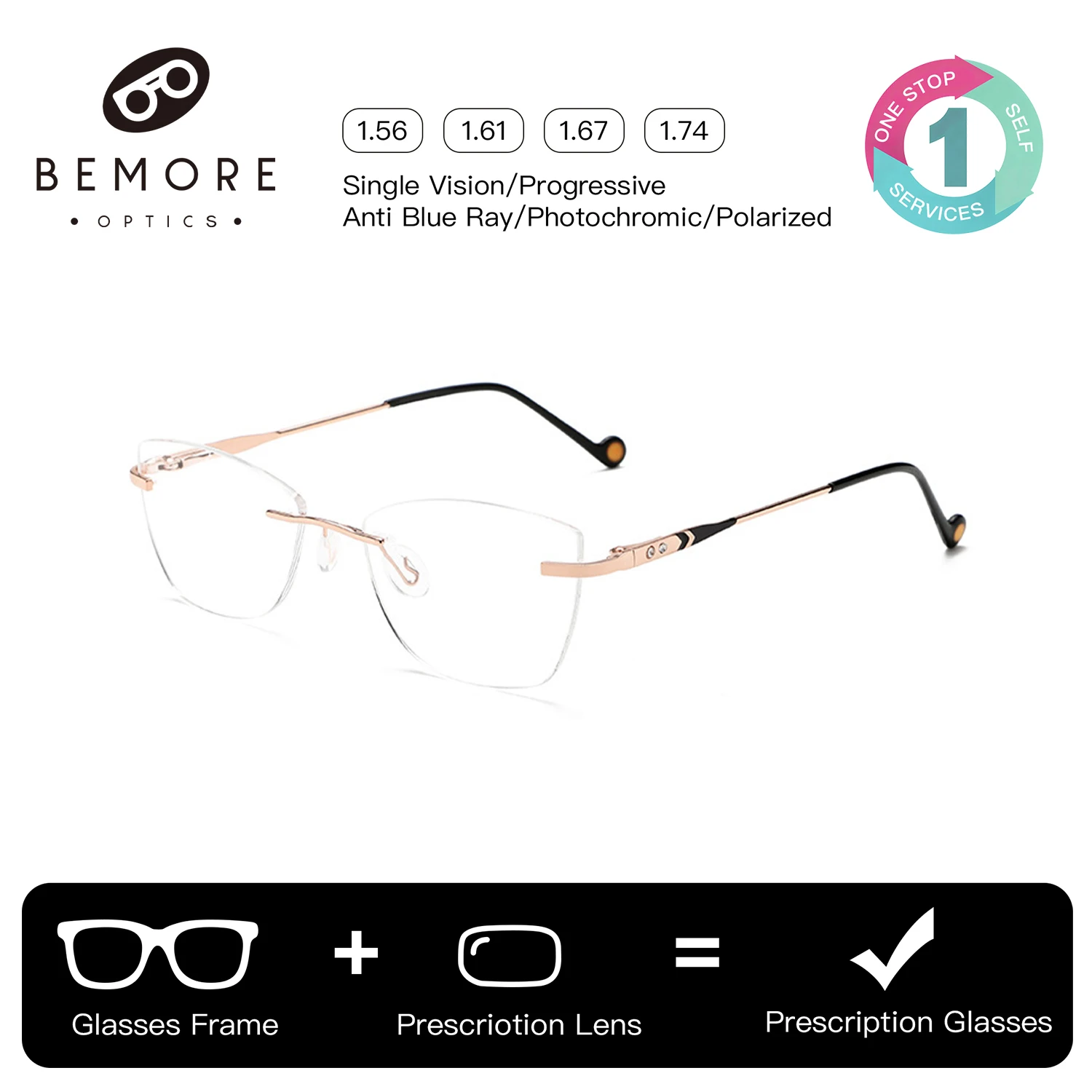 BEMORE Rimless Correction Eyeglasses With Prescription Men Women Unisex Alloy Photochromic Optical Glasses