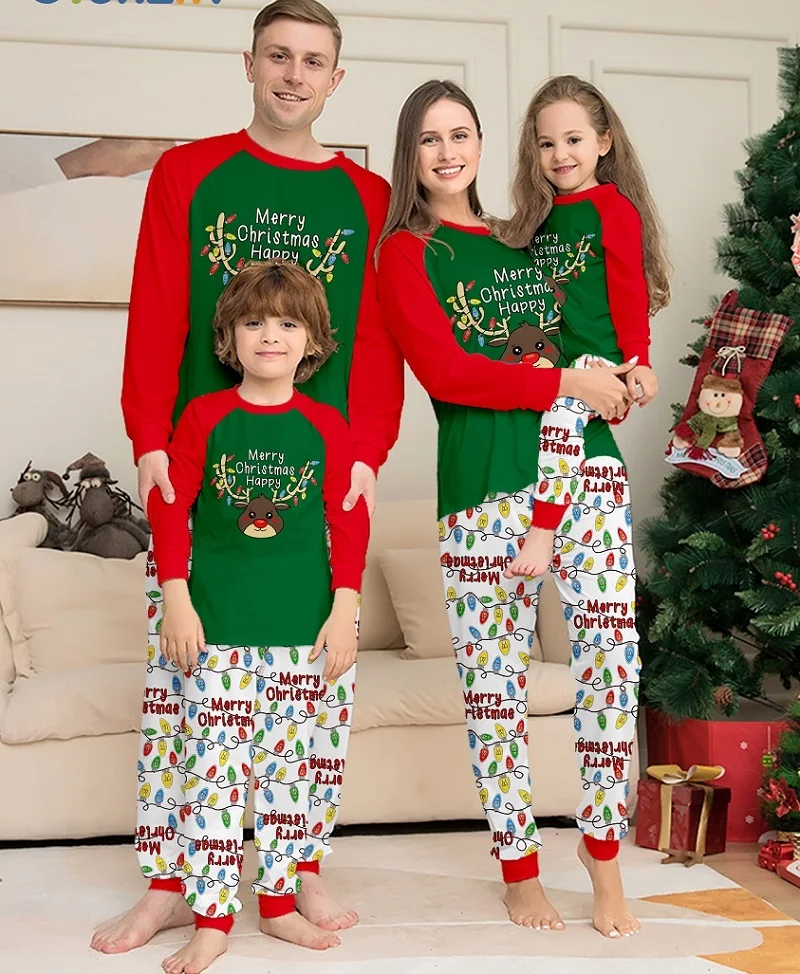 2025 Christmas Family Matching Pajamas Merry Xmas Deer Adult Kid Baby Outfits Tops+Pants 2PCS Xmas Sleepwear Pyjamas Dog Clothes