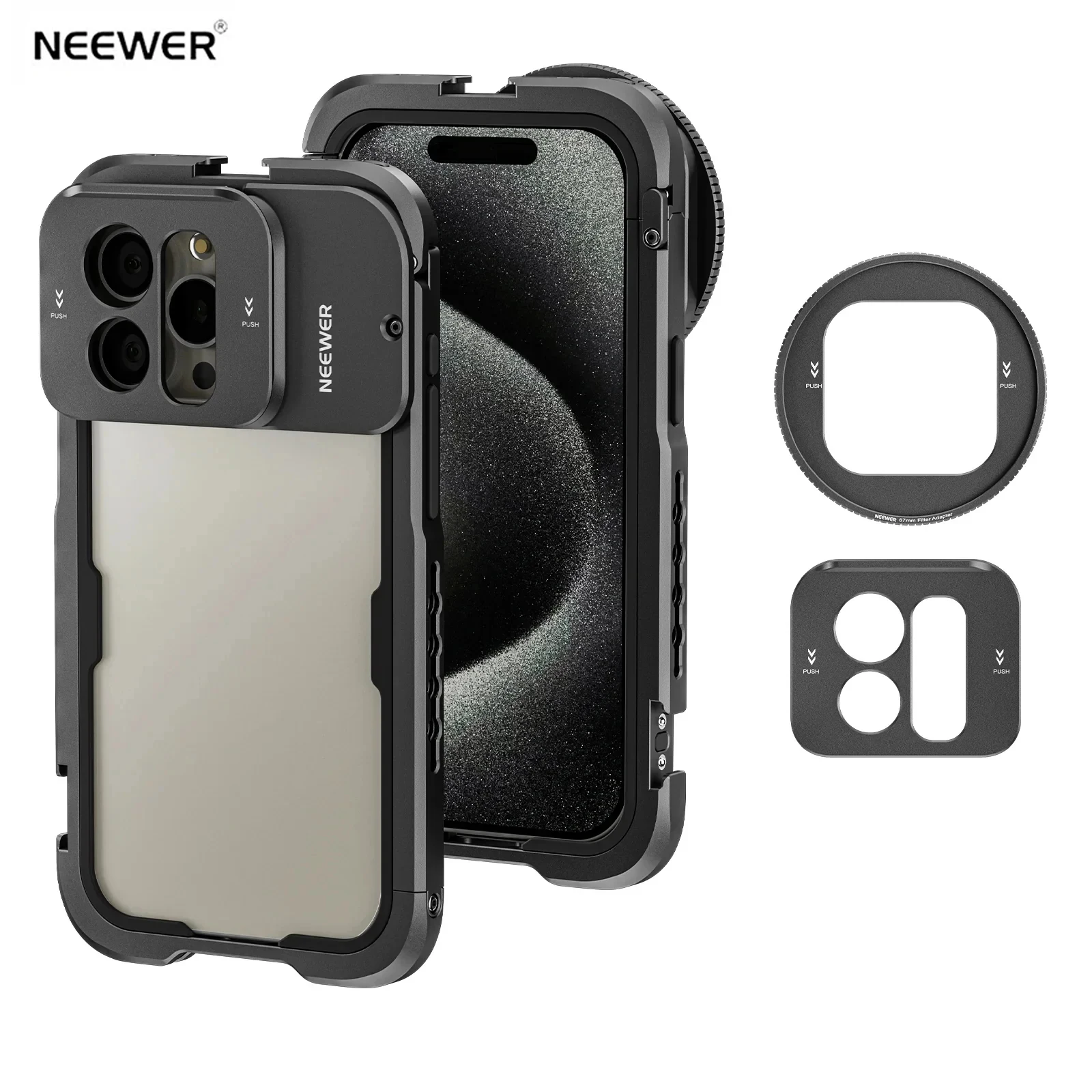 

NEEWER PA023 Metal Cage For iPhone 15 Pro / for iPhone 15 Pro Max Install with a Single Push Easily Attached 67mm Filter Adapter