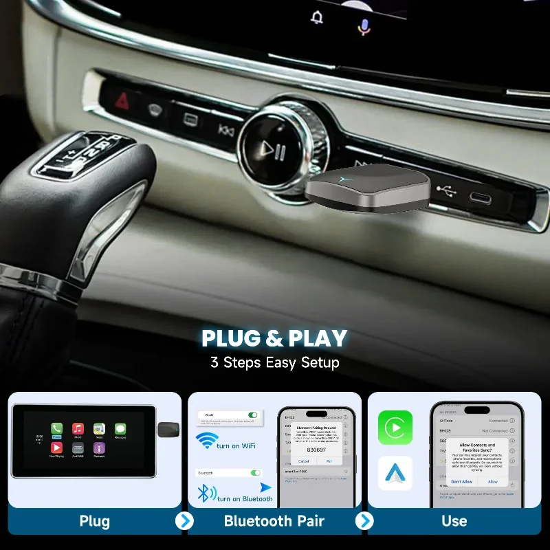 صندوق محول CarPlay اللاسلكي - توافق عالمي مع معظم موديلات السيارات وIOS 10+، دونجل USB للتوصيل والتشغيل