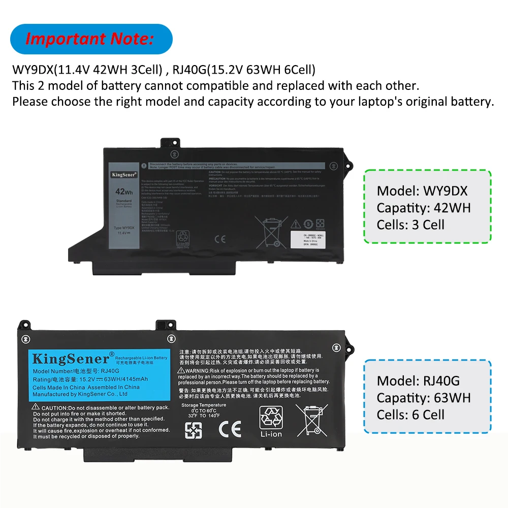 KingSener WY9DX Laptop Battery For DELL Latitude 5420 5520 Precision 15 3560 Dell P137G P104F Series RJ40G 01K2CF 075X16 0WK3F1