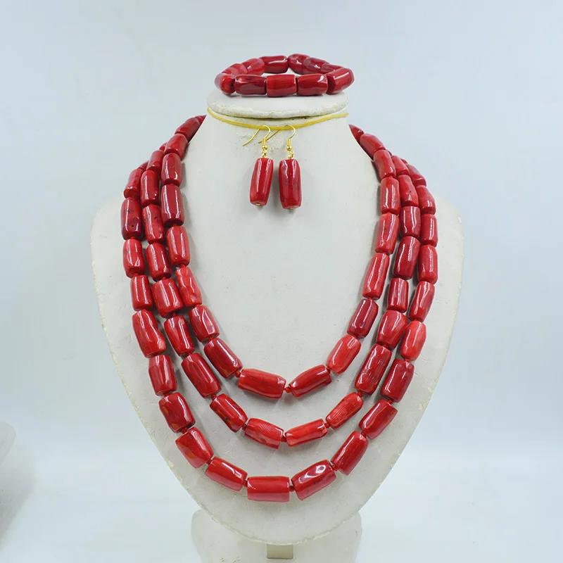 12-15MM natural red coral necklace earrings bracelet suit. Charming Nigeria Bride Classic Jewelry 19-22