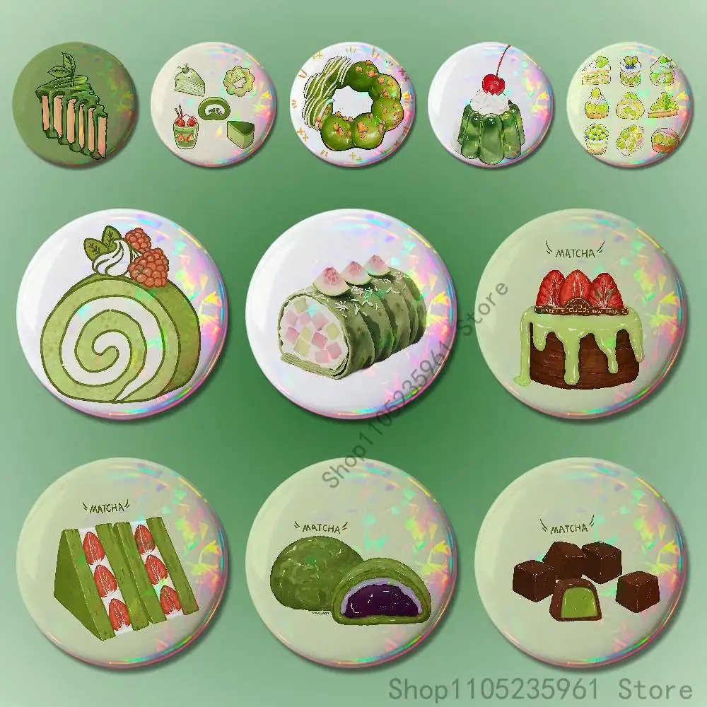 Green INS Style Matcha Cake Pin Tinplate Round Brooch Cosplay Nijigen Otaku Culture Badges 58mm 44mm 32mm 75mm 25mm