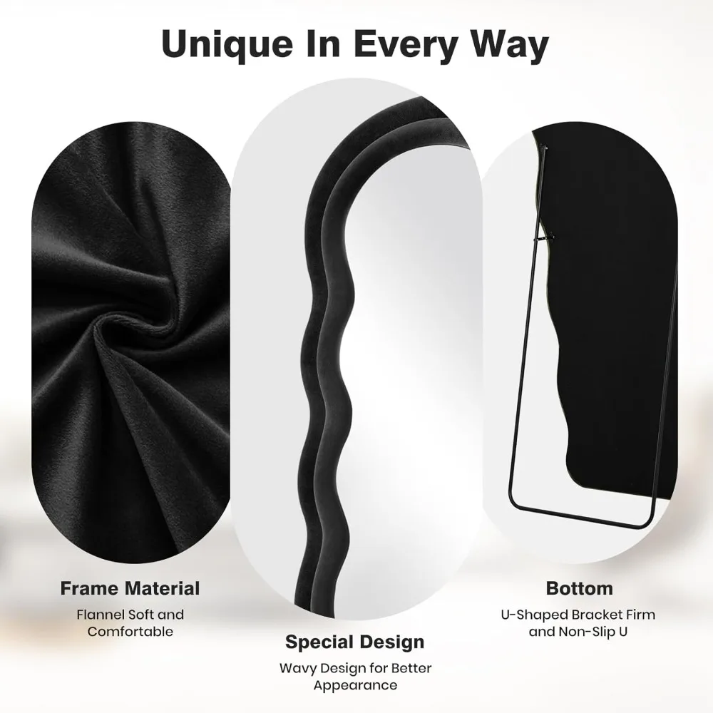 Specchio da parete a figura intera con cornice ondulata ad arco 63x24, da terra, flanella nera, specchio da parete pendente pendente per il riflimento completo del corpo