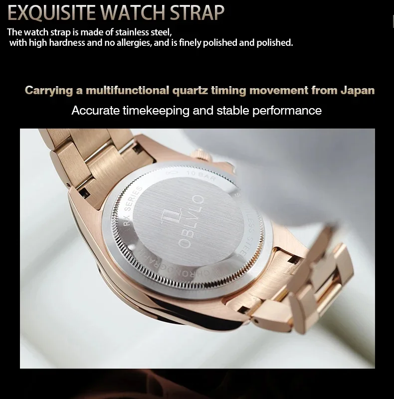 OBLVLO ساعة كرونوغراف للرجال 40 ملم ساعة يد كوارتز عتيقة 50 متر مقاومة للماء ياقوت مضيئة نوافذ ثلاثية #2