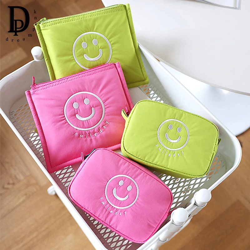 Cute Smile Face Cosmetic Bag Zipper Travel Portable Storage Organizer  Sanitary Napkin Bags USB Mouse Storage Bag Creative Gift