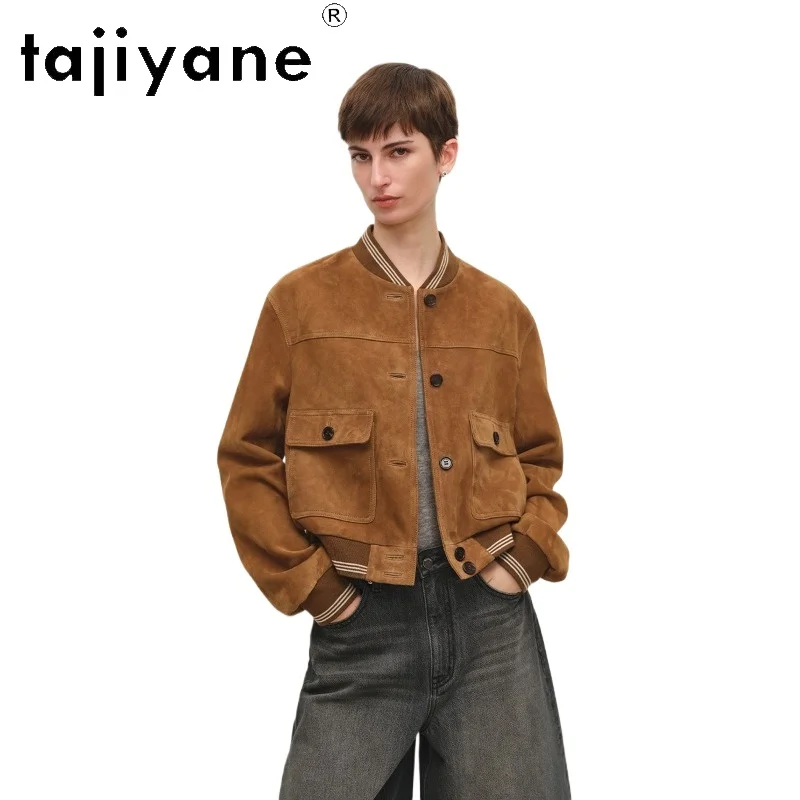 

Куртки TAJIYANE из 100% натуральной овчины для женщин, вязаные, с воротником-бомбером, короткие пальто, замшевые куртки из натуральной кожи, женская одежда 2026, кожаная куртка