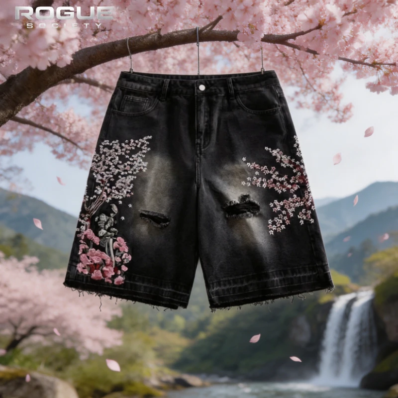 

Harajuku Y2K Sakura Embroidered Denim Shorts Men Distressed Washed Gothic Baggy Streetwear American Retro Summer Jeans Unisex
