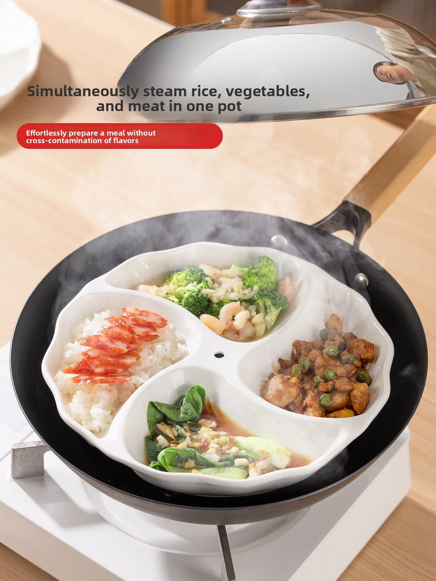 YJQ four-grid ceramic steaming plate multi-grid food grade one-pot steaming plate preparation bowl