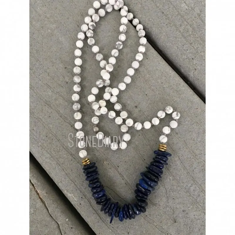 NM21503 Natural Gemstone Lapis Lazuli Heishi With Howlite And Brass Beads Necklace Hand Knotted Long Beaded Necklace