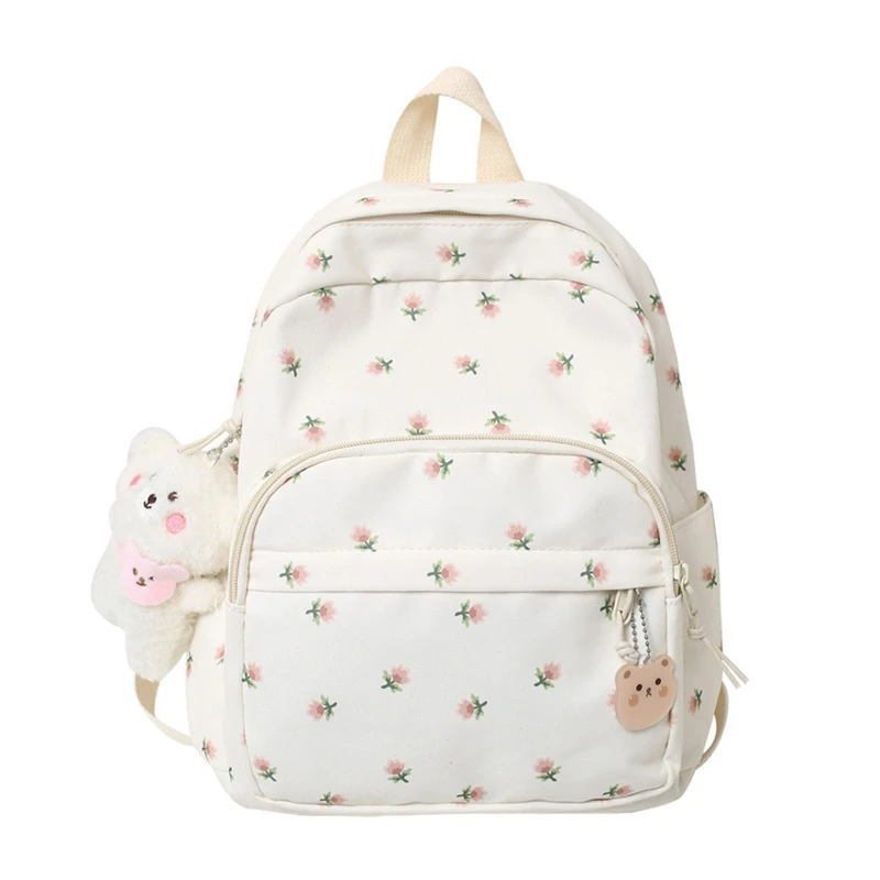 Small Nylon Women Backpacks Casual Lightweight Daypack Anti-Theft Bookbag with Cute Plush Bear Charm for Girls