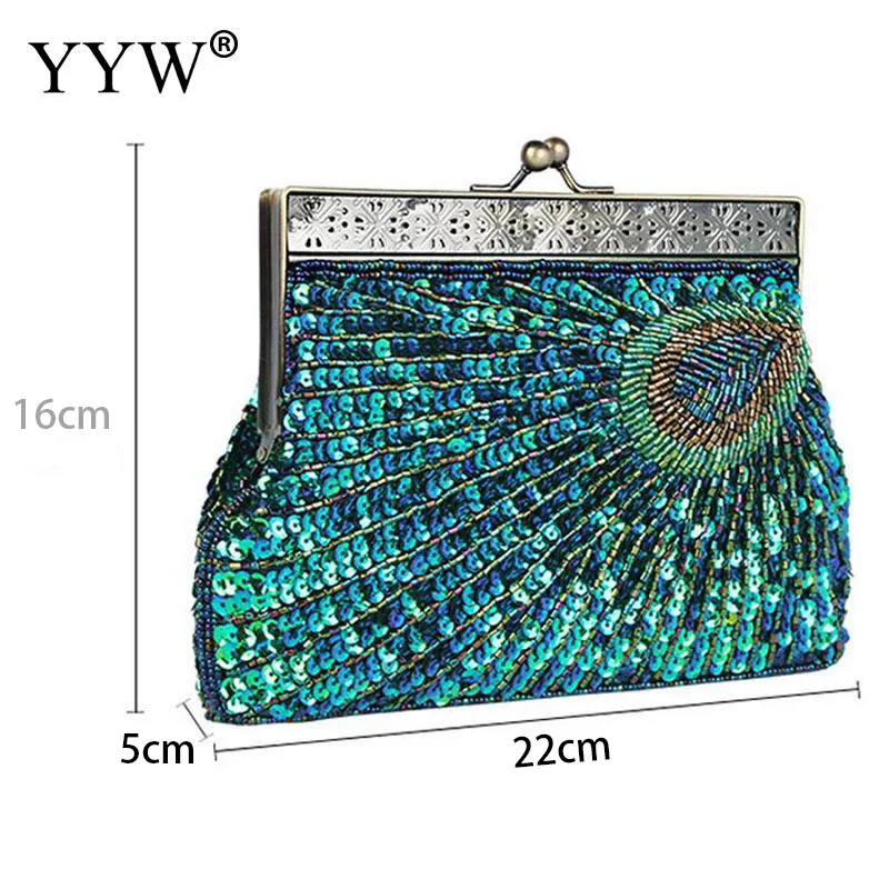 Luxury Antique Peacock Blue Evening Wedding Clutch Purse Women Sequin Beaded Party Cocktail Handbag with Metal Chain Soft Bag