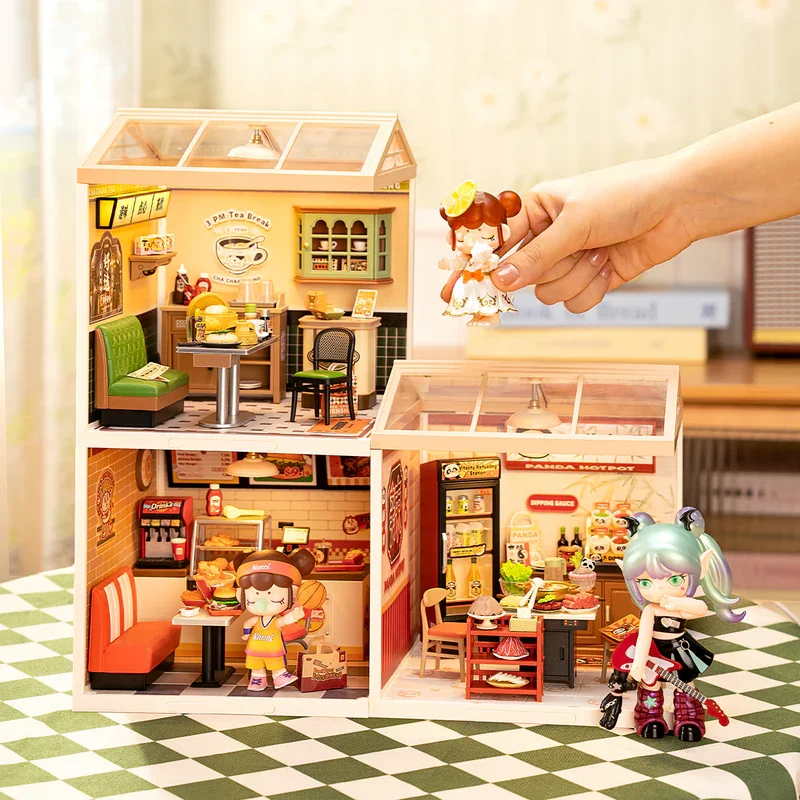 Robotime Rolife DIY Miniatur-Haus-Set, Modellbau-Bastelset mit LED für Erwachsene, Kinder, Panda, Hot Pot und Night Out Food Stall