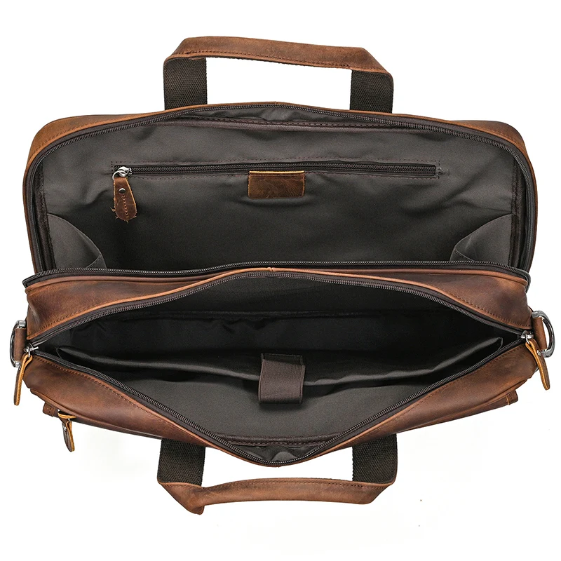 Tas Kantor Kulit Kuda Gila Tas Bisnis Tas Tangan Pria Kulit Sapi Asli Tas Laptop 15.6 16 17 Inci Casing Ringkas Kulit Asli