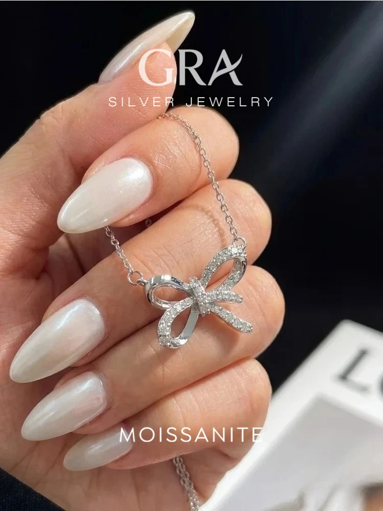 GRA Real Moissanite Diamond Exquisite Beautiful Bowknot Necklace for Women's Anniversary Party 925 Sterling Silver Fine Jewelry