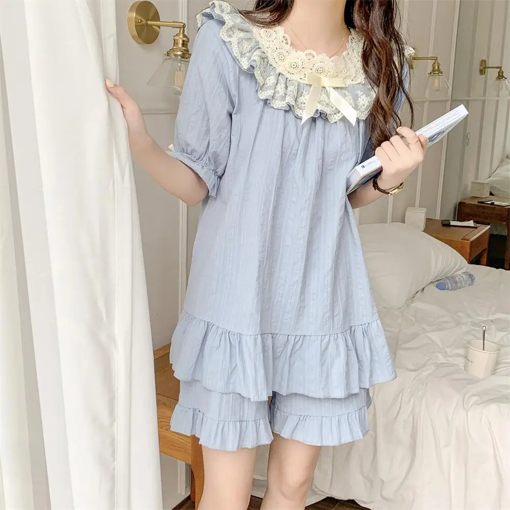 Lace Crochet Summer Nightgown Women Korean Court Two Piece Pajamas Set Kawaii Casual Elegant Long Sleepwear Night Dress Cotton