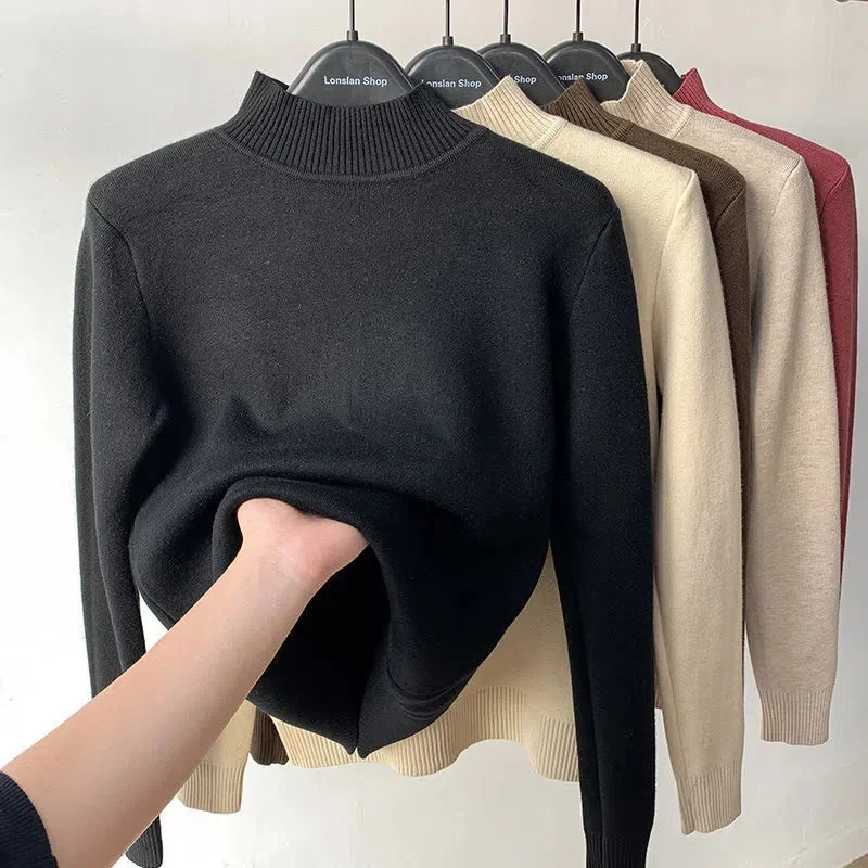 Ditambah Sweter Beludru Wanita 2023 Musim Dingin Rajutan Tebal Pullover Korea Turtleneck Ramping Baru Kasual Bulu Berlapis Atasan Rajut Hangat