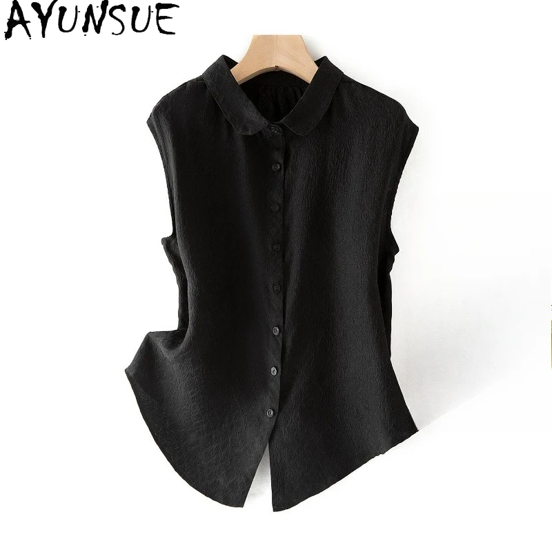 

AYUNSUE 100% Silk Women's Blouses and Shirts Solid Color Summer Tops for Woman Versatile Short Sleeve Blouse Woman Clothes 블라우스