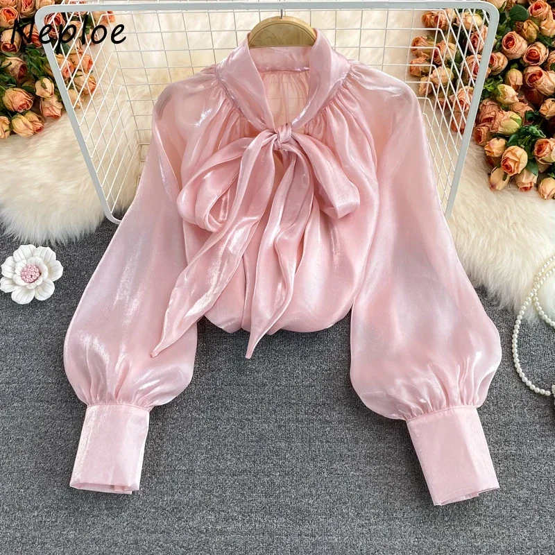 Neploe Fashion Temperament Tops Women Autumn New Fairy Loose Blouse Woman Bow V-neck Solid Color Blusas Mujer De Moda 2024