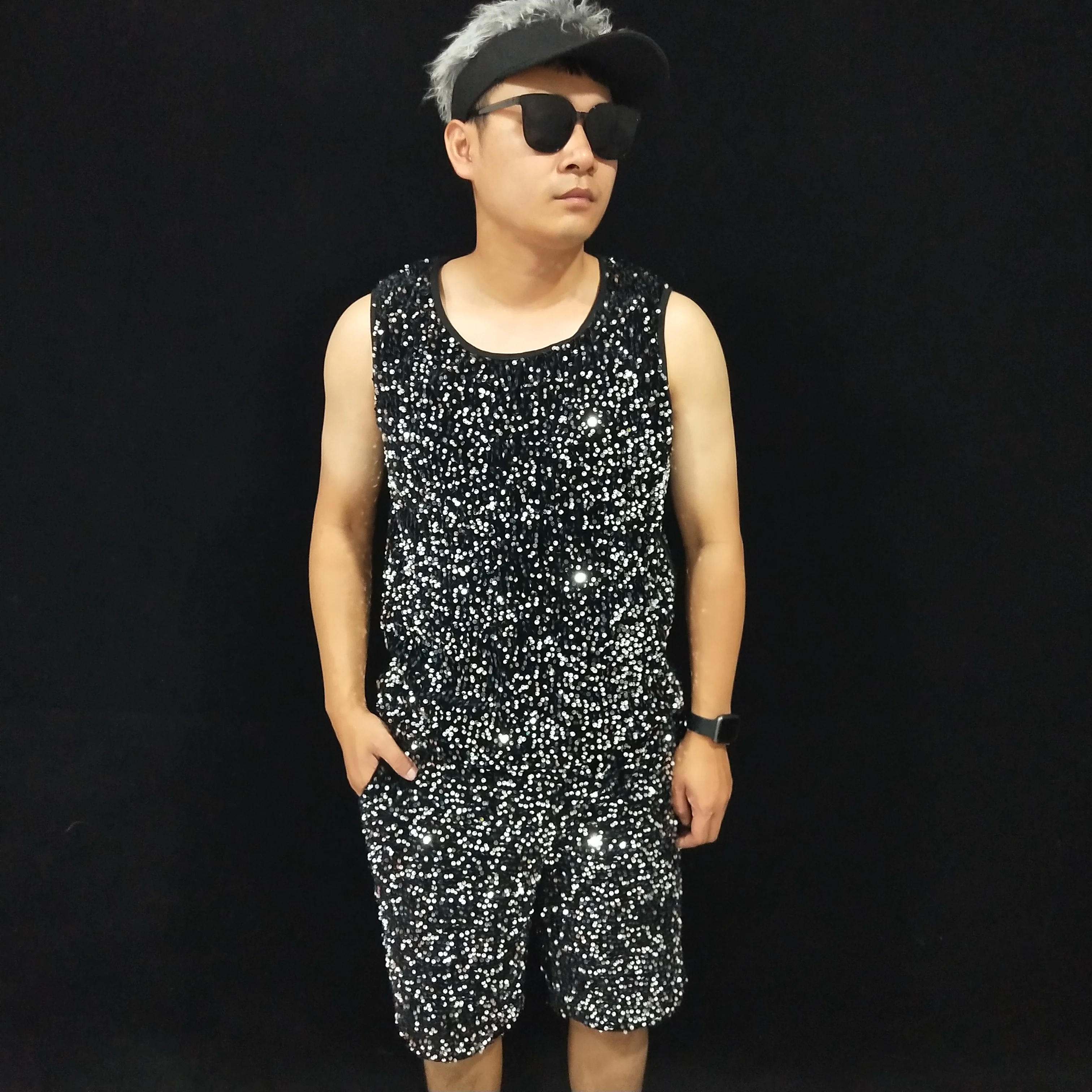 

Casual Sets Men Black Laser Mirror Sequins Carnival Party Shorts Tops Elastic Waist Stage Bar DJ Performance Singer Dance Wear