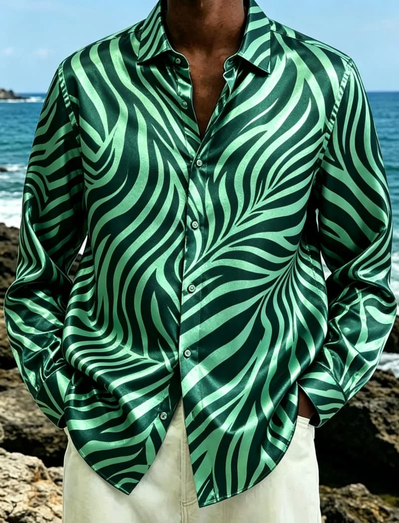 Men's metal animal print long sleeved lapel shirt, suitable for parties, vacations, and wild style outfits