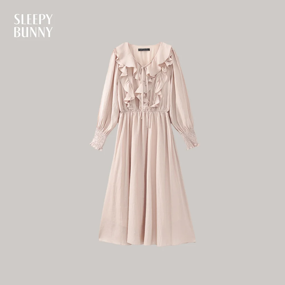 

Sweet Long Sleeve Dress Women Spring High Waist Slim Fit A-Line Midi Dress Soft Girl Tie Neck Outfit Petite Daily or Date Look