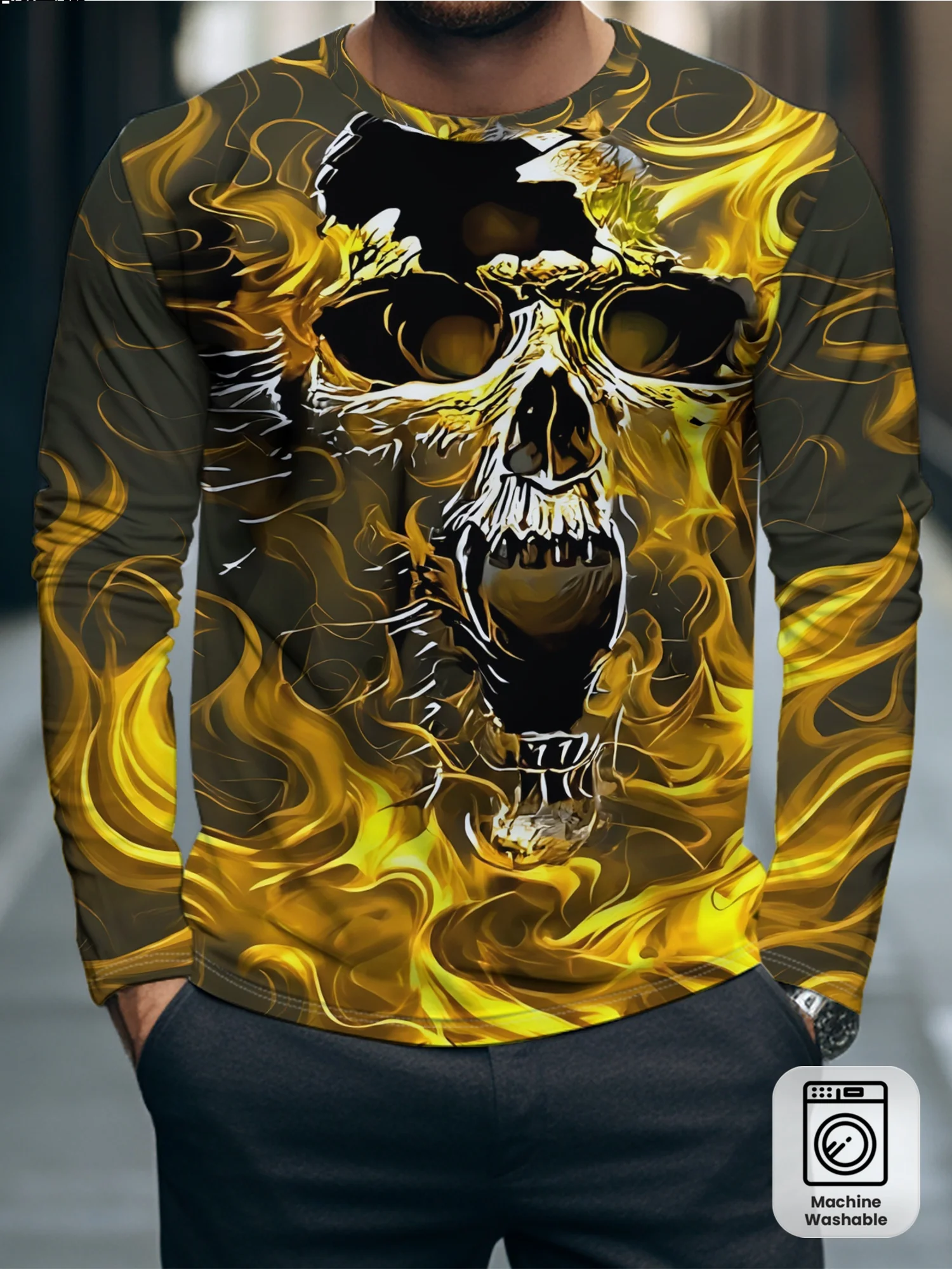Men's Long Sleeve T‑Shirt Fiery Golden Skull Flame Graphic Print Crew Neck Gothic Streetwear Casual Top