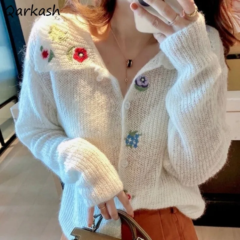 

Fashion Cardigans Women Embroidery Design Hollow Out Turn-down Collar Young Students Clothing Autumn All-match Chic Sweet Girls