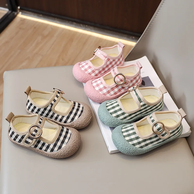 

New Plaid Baby Girl's Casual Shoes Cute Shallow Hook Loop Sports Shoes For Toddler Kids Soft Anti Slip Children Canvas Shoes