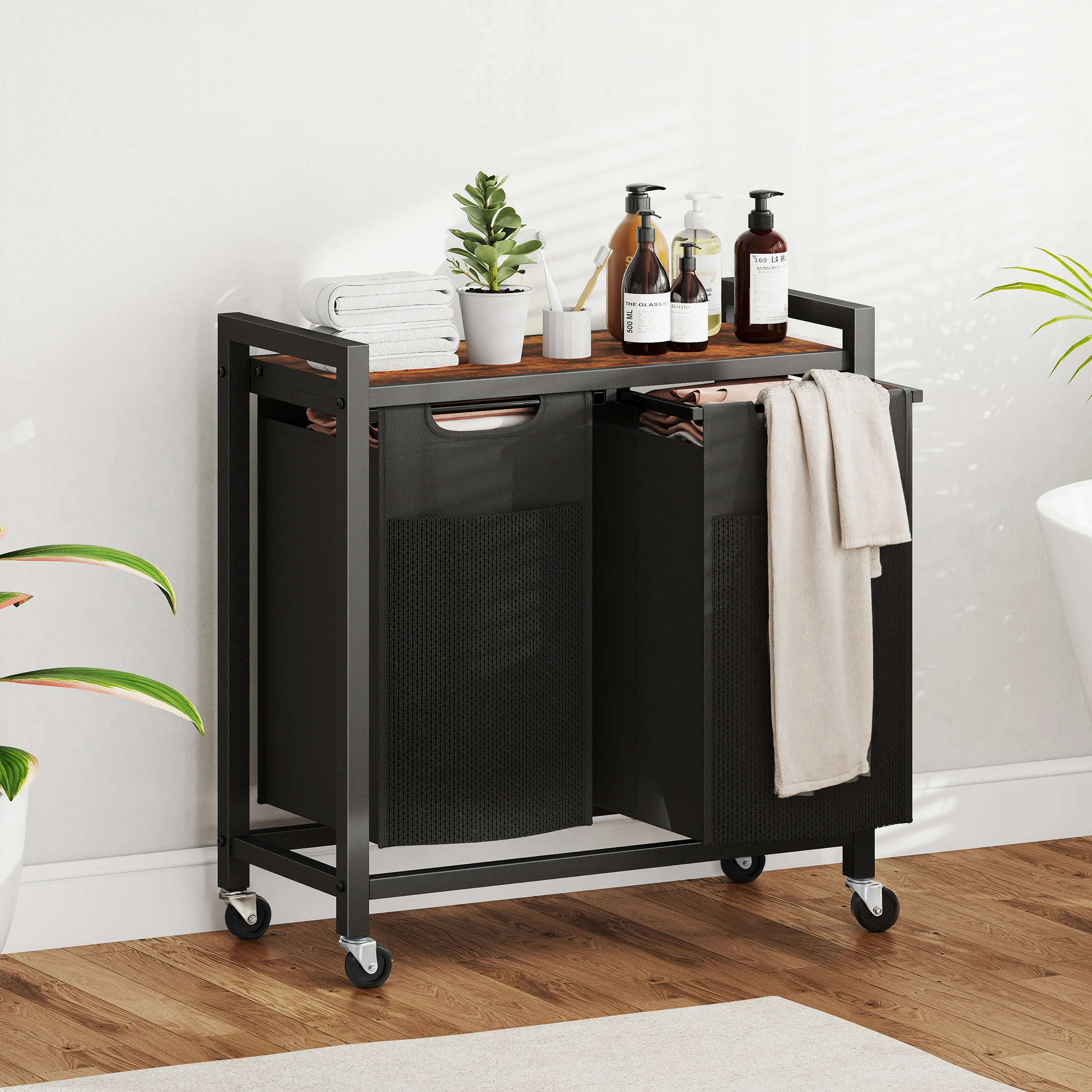 MCQ 29IN Laundry Hampers with Movable Wheels Metal Frame and Pull-Out Removable Sorter Bags Clothes Basket Organizer for Home
