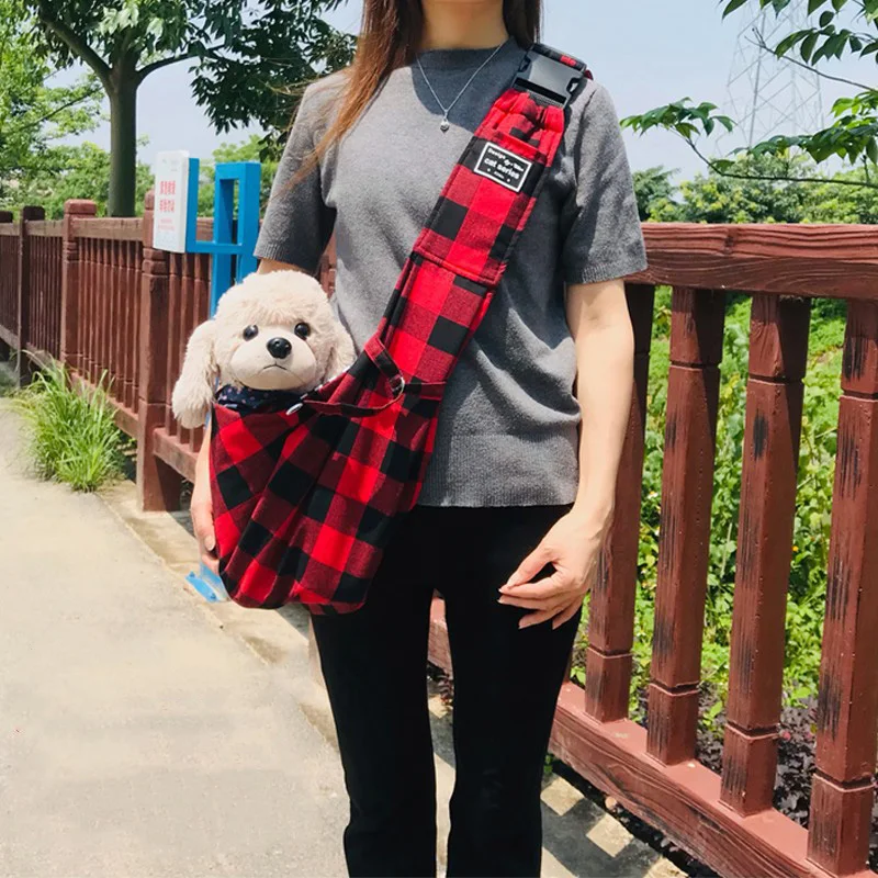 Pet puppy kitten One shoulder out-of-home travel cotton Comfort Strap handbag Red and grey plaid retro style