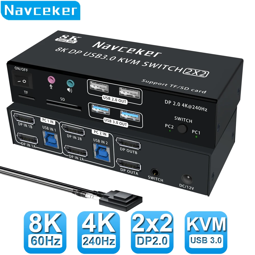 Navceker 4K 240Hz Dual Monitor DP 2.0 KVM Switch 8K USB 3.0 Displayport KVM Switch 2 in 2 out Display 2 Monitors 2 Computer PC