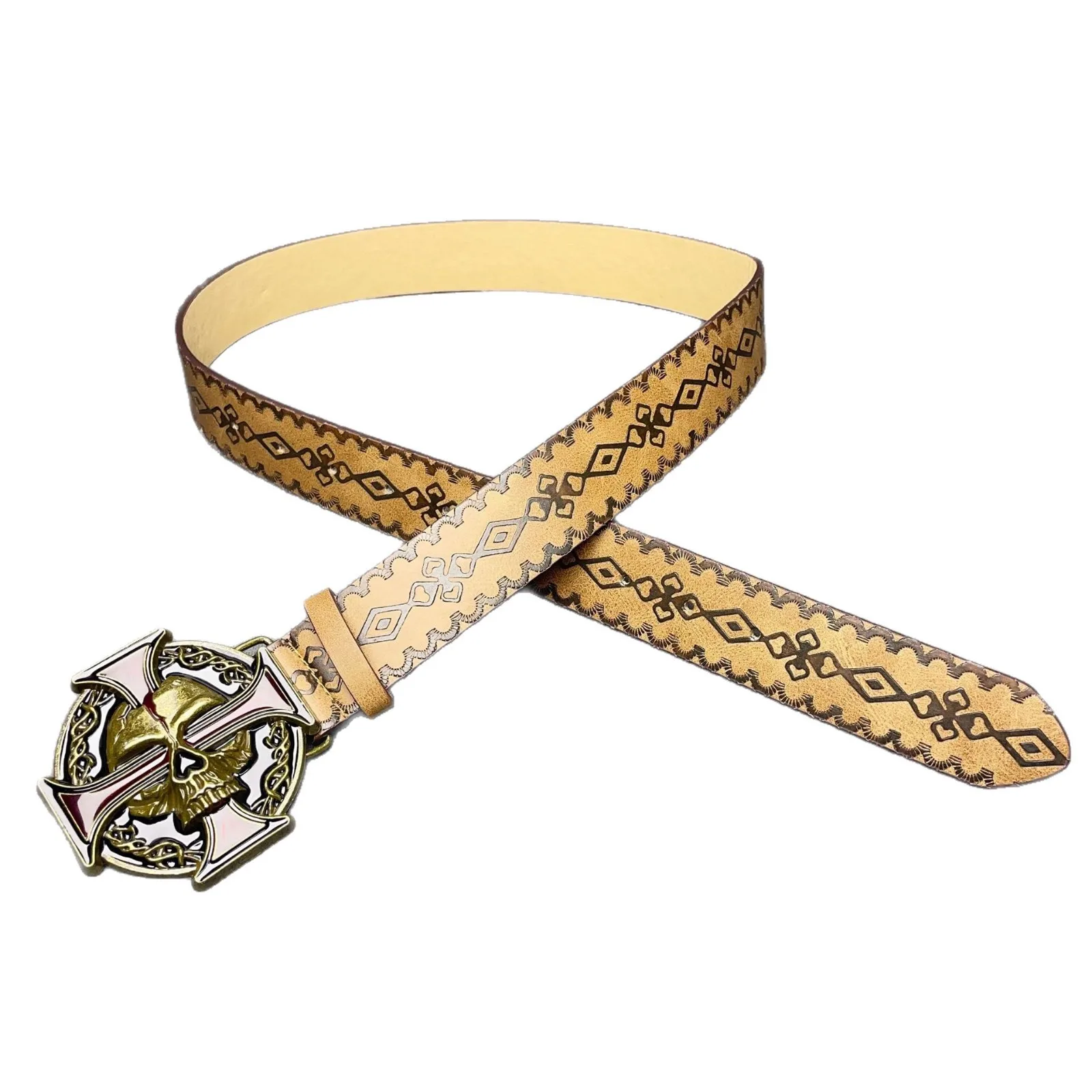 Men's coffee-colored retro dark style Y2K punk cross skull metal buckle spider pattern embossed belt, autumn and winter party ev view 5