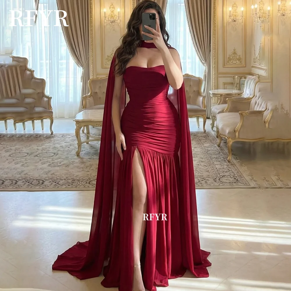 

RFYR Strapless Prom Dress with Pleats High Slit Evening Dress with Scarf Chiffon Party Dress Vestidos De Noche Customized