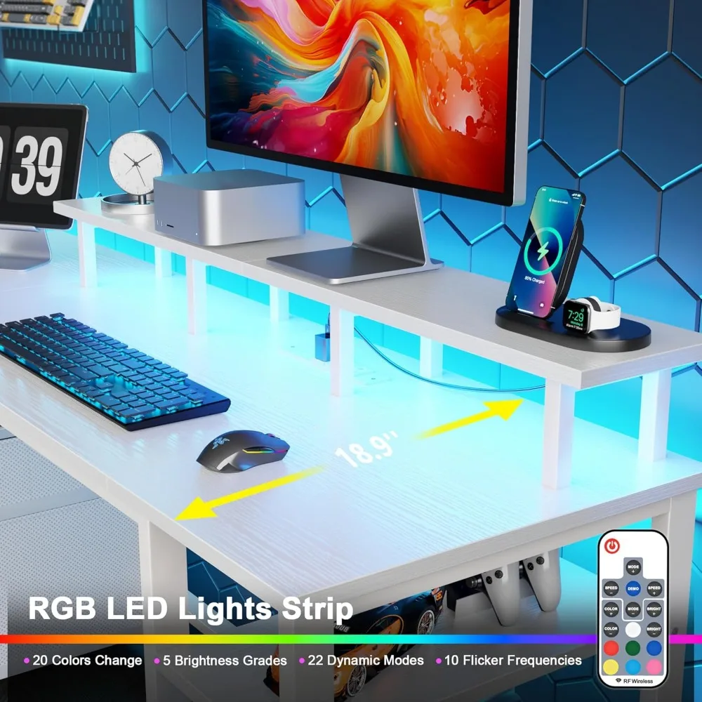 Reversible Gaming Desk with Power Outlet, LED Lights, File Cabinet, and Monitor Stand for Home Office Use