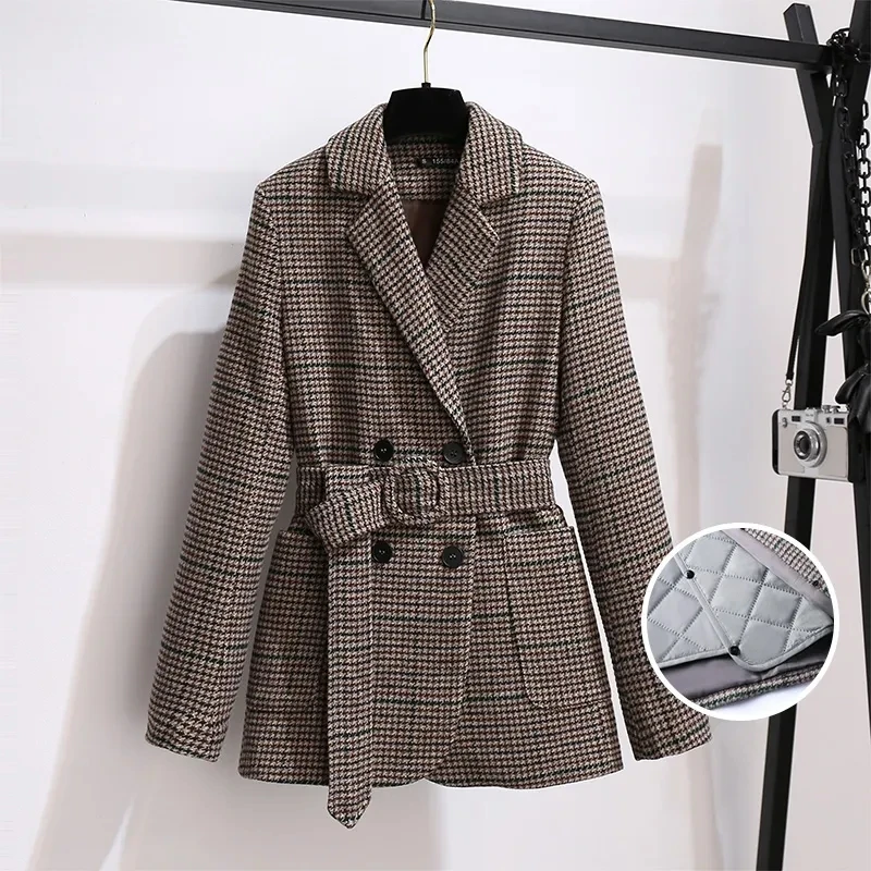 

Houndstooth Plaid Woolen Coat Women's New Short Thick Padded Cotton Wool Waist Blazer Coat In Autumn and Winter Of 2024 Female