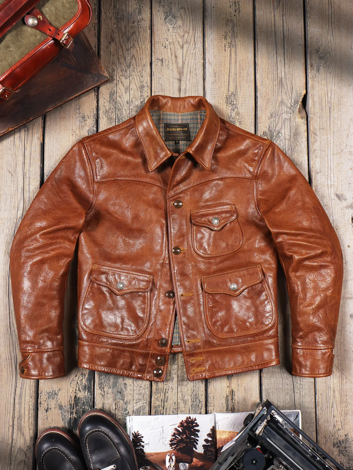 Tailor Brando 1.4mm Vegetable Tanned Calfskin American Vintage Men's Farmer Classic Genuine Leather Jacket