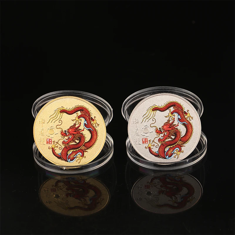 New 1Pc 2024 New Year Of The Dragon Commemorative Coins Chinese Zodiac Painted Metal New Year Zodiac Dragon Commemorative Gift