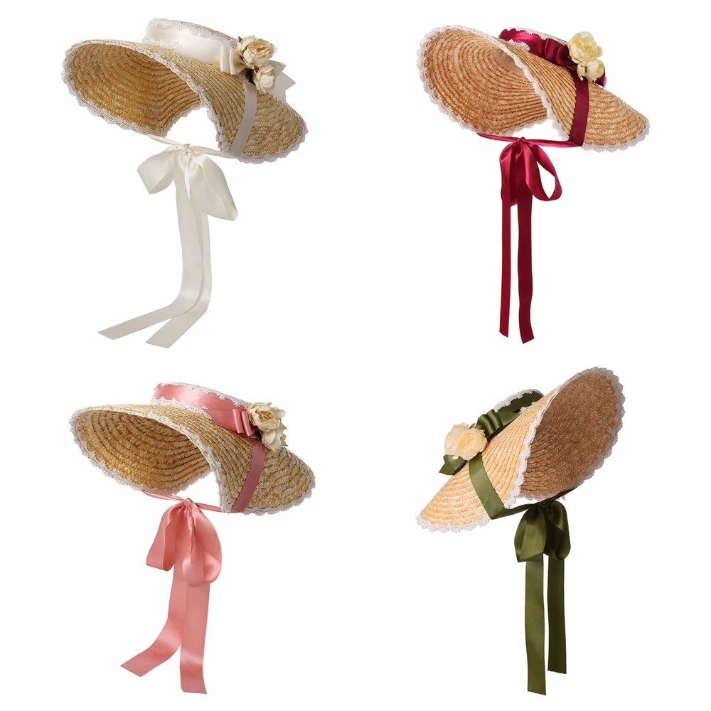 

Women Lolita Straw Sun Hat Lace Ribbon Bowknot Wide Brim Elegant Tea Party Beach Flat Bonnet Cap